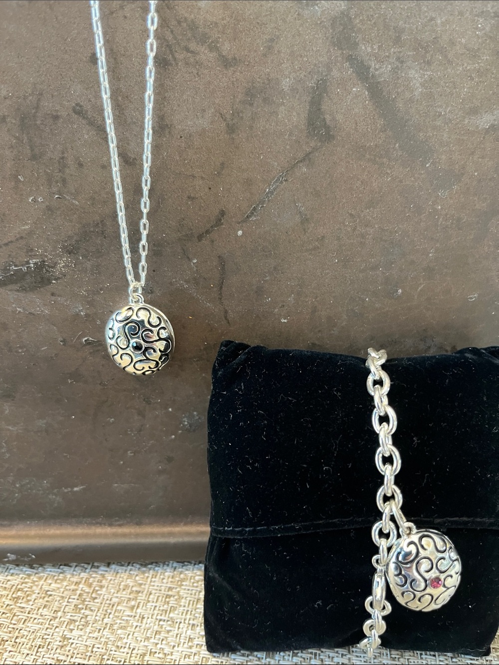 Matching Locket Filigree Necklace & Bracelet Set - Garnet & Black Accents - Picture 13 of 14
